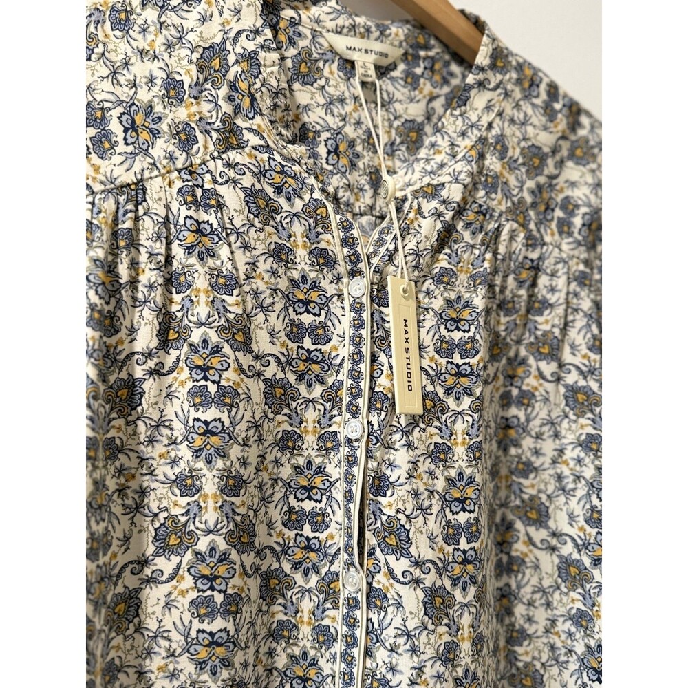 NWT Max Studio Floral  op Womens Sz L 3/4 Sleeve Button Peasant Resort Scandi - Picture 3 of 10